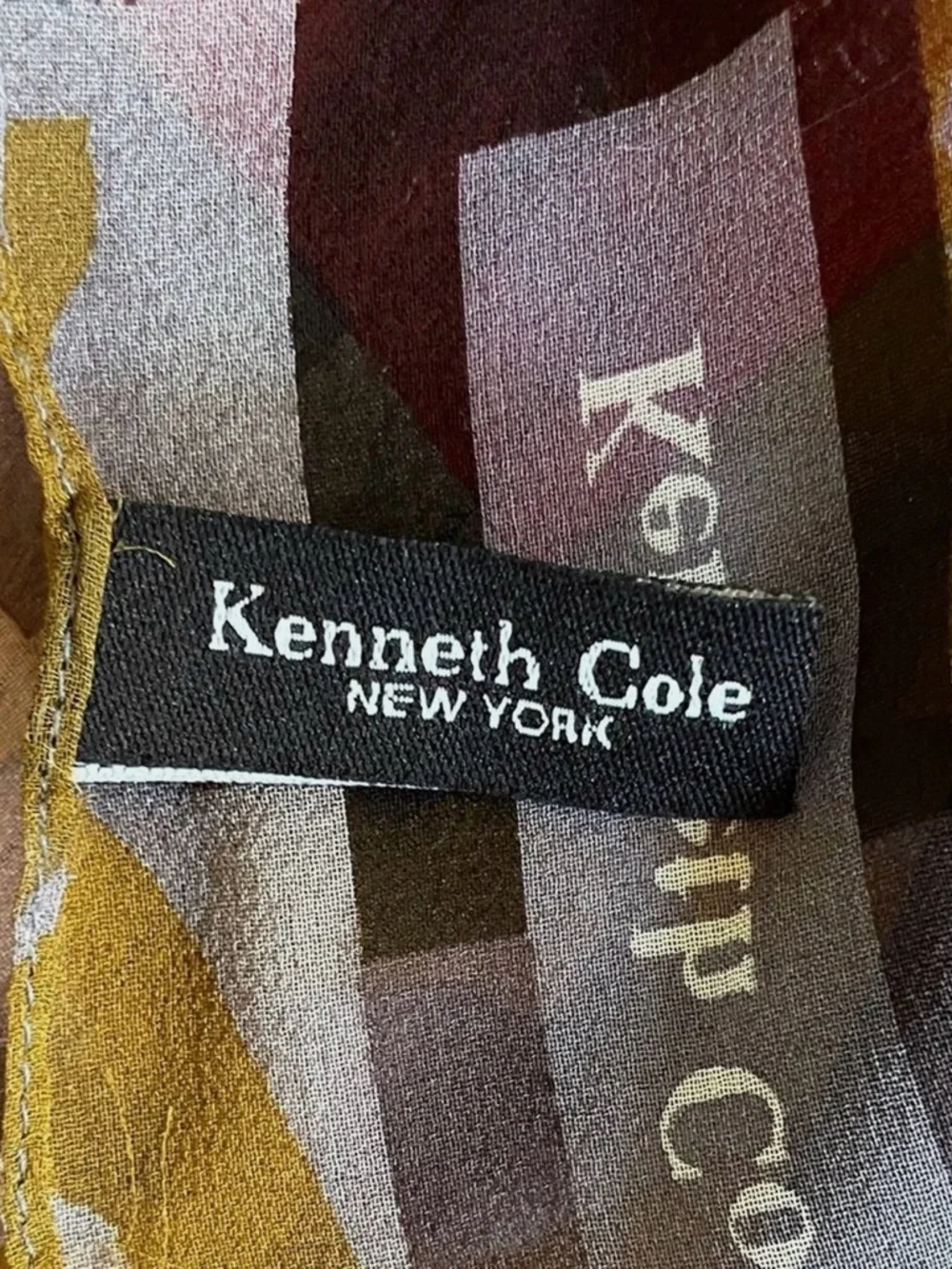 Kenneth Cole 100% Silk Oblong Scarf Abstract Geometric Sheer Red Blue Gold Wrap